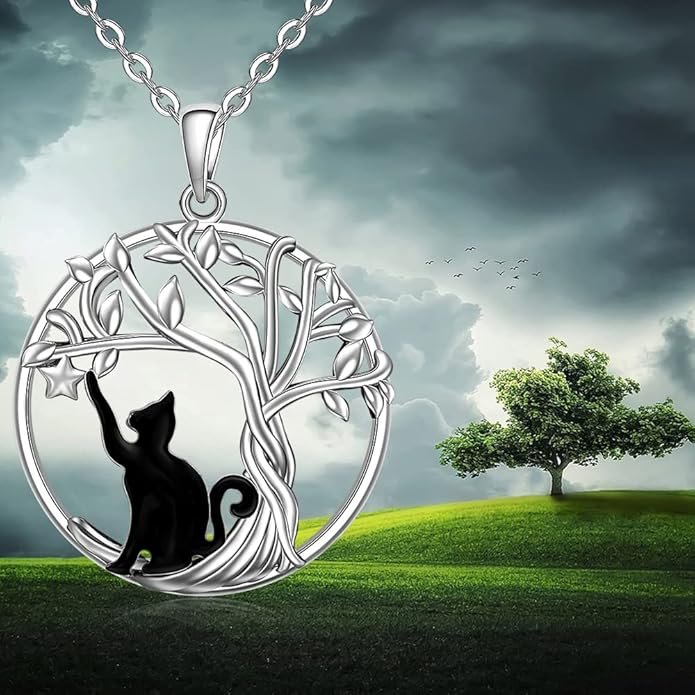 Cat Necklace Black Cat Necklace for Women Sterling Silver Tree of Life Necklaces Pendant for Cats Lovers White Gold Gifts Jewelry