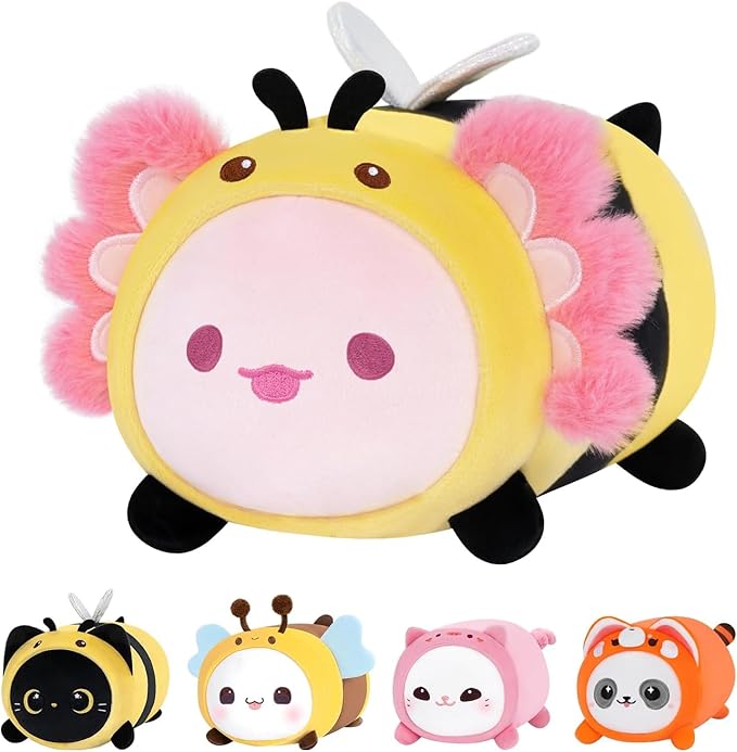 Cute Axolotl Bee Plush Pillow, Kawaii Plushies Axolotl Stuffed Toy, Axolotl Plushies with Bee Outfit Costume, Soft Squishy Birthday Gifts for Kids & Teens (8 Inch)