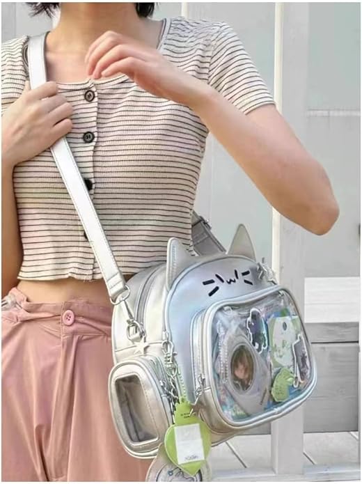 Cat Ita Bag Pin Display Backpack for School PU Leather Preppy Backpack for Girls Y2k Aesthetic Single Shoulder Bag