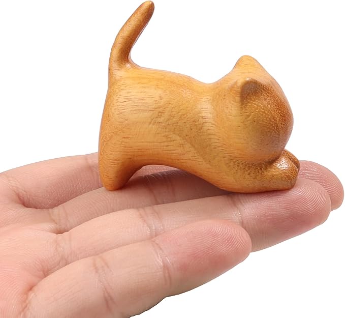 Cat Wooden Figurine,Handmade Wood Figurine Carved Sculpture Home Decor Miniature Animal Art Statue Collectible,Desk Decoration Lovely Gift Garden Decor Figurine Table Decoration Living Room Decoration