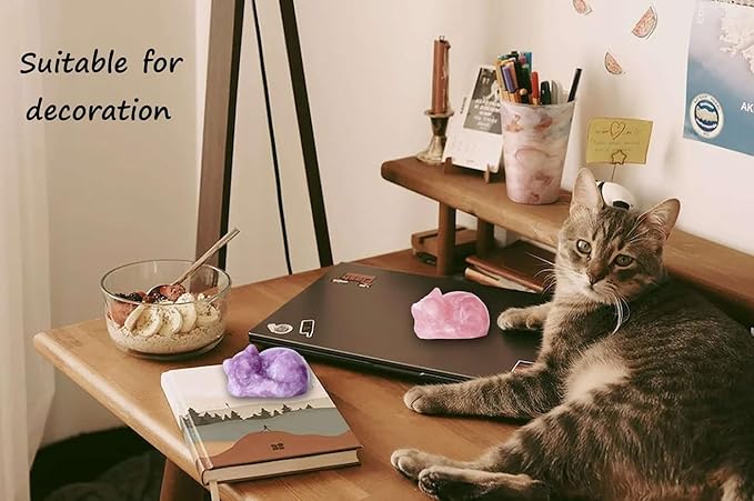 LAIDANLA Sleeping Cat Statue Pink Rose Quartz Healing Gemstone Hand Carved Cute Kitten Statue Figurine 1.6" Decor Polished Stone Reiki Bedroom Office Desk Home Decoration Gifts
