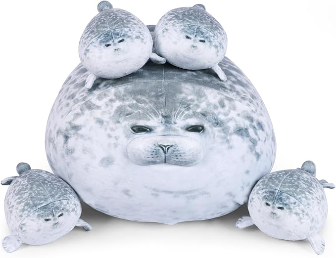 ETAOLINE Chubby Blob Seal Pillow Cute Seal Plush Toy Cotton Stuffed Animals with 4 Baby Seal Plushies