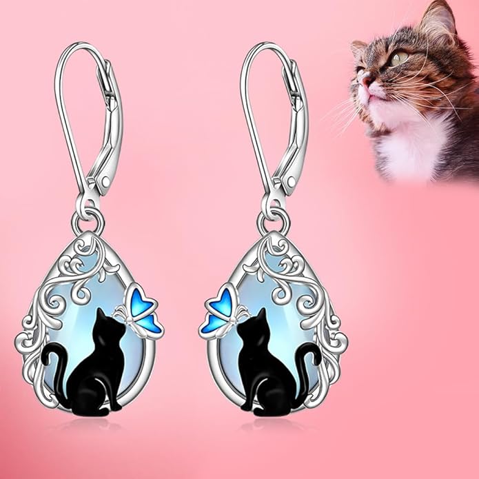 Cat Earrings Moonstone Black Cat Earrings for Women Sterling Silver Cute Filigree Cats Butterfly Dangle Drop Earring Jewelry Leverback Halloween Christmas Gifts