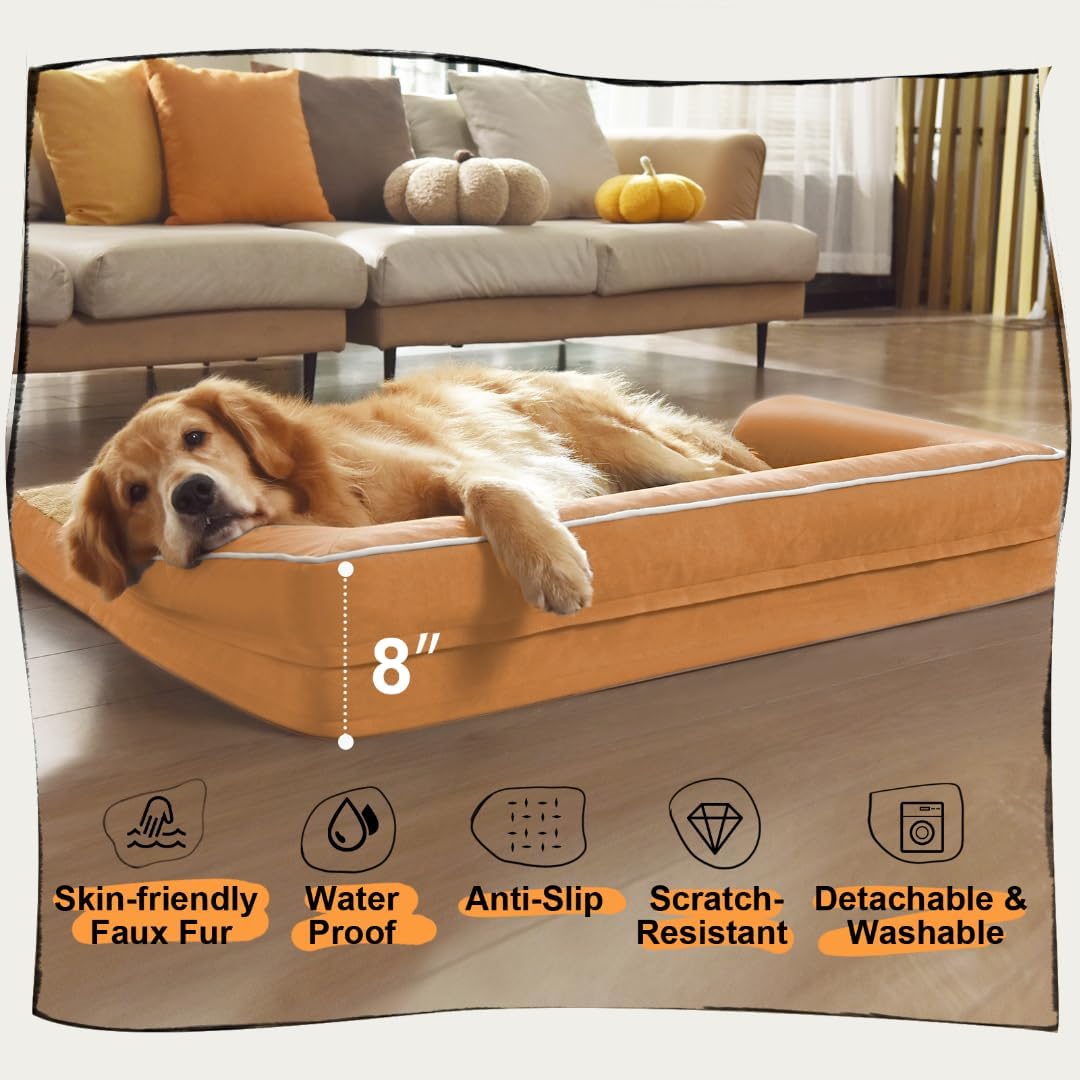 Large Dog Bed Orthopedic Washable, Orthopedic Dog Beds for Large Dogs with Washable Cover, Removable Bolster and Non-Slip Bottom Orange Dogs Beds, XL XLarge Extra Large Dogs