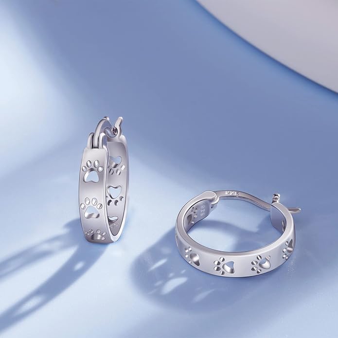 Paw Earrings 925 Sterling Silver Paw Hoop Earrings Cat Dog Jewelry Gifts for Women