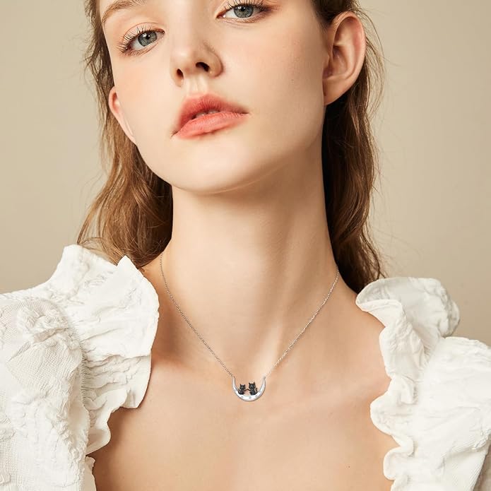 Diamond Black Cat Necklace for Women 925 Sterling Silver Cat on Moon Necklace Pendant Black Cat Jewelry Gifts for Women Mom Wife Girlfriend Daughter Girls