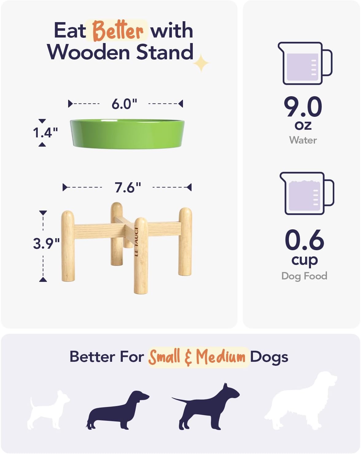 LE TAUCI Ceramic Slow Feed Dog Bowls, Elevated for Small Breeds, Anti-Gulping, Non-Slip, 6 inch, Green