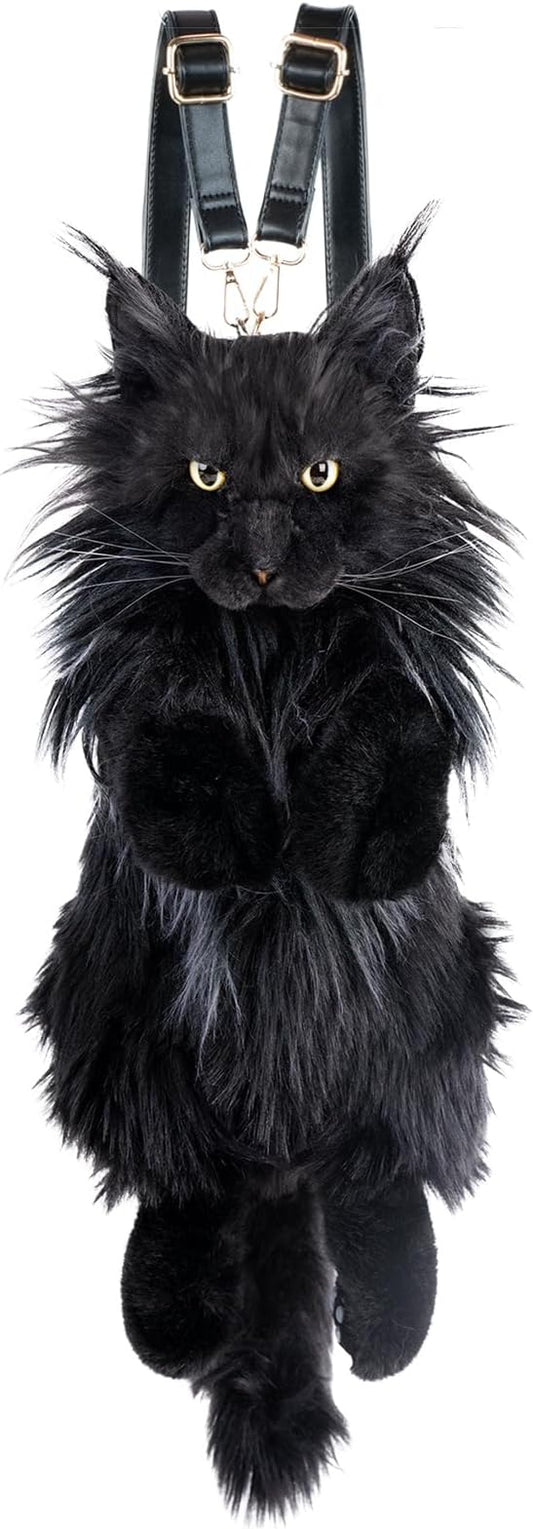 Chongker Cat Shaped Backpack - Handcrafted Stuffed Animals Bag, Black Cat Plush Bag with Adjustable Shoulder, Crossbody, and Backpack Straps, Maine Coon