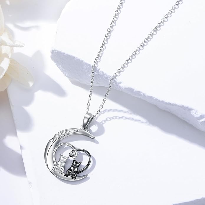 Diamond Black Cat Necklace for Women 925 Sterling Silver Cat on Moon Necklace Pendant Black Cat Jewelry Gifts for Women Mom Wife Girlfriend Daughter Girls