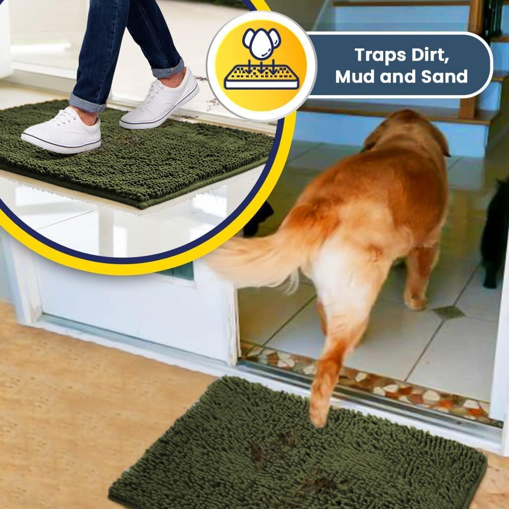 Muddy Mat® AS-SEEN-ON-TV Highly Absorbent Microfiber Door Mat and Pet Rug, Non Slip Thick Washable Area and Bath Mat Soft Chenille for Kitchen Bedroom Indoor and Outdoor - Army Green 24" x 72"