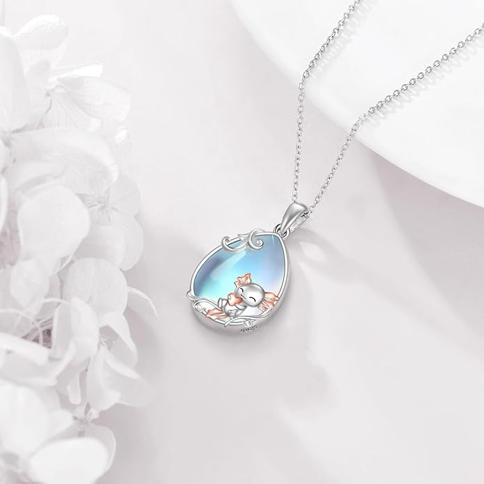 LUHE Moonstone Necklace 925 Sterling Silver Fox/Axolotl/Cat/Raccoon/Penguin/Frog/Panda/Highland Cow Pendant Necklace Animal Jewelry Gifts for Women