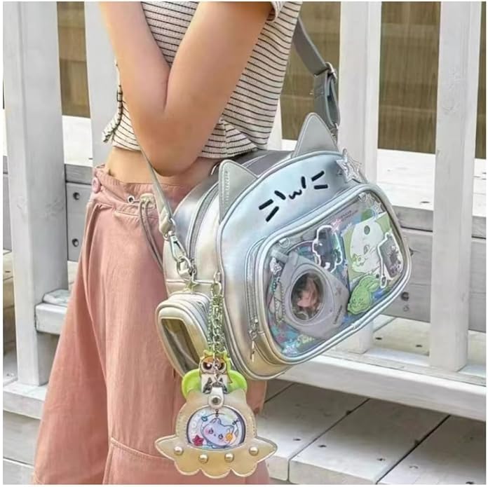 Cat Ita Bag Pin Display Backpack for School PU Leather Preppy Backpack for Girls Y2k Aesthetic Single Shoulder Bag
