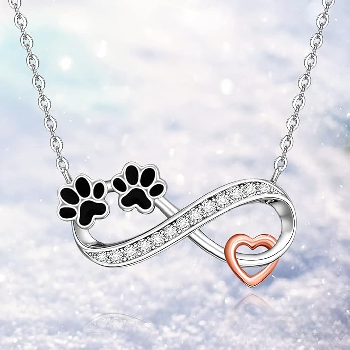 Dog Cat Paw Print Necklace for Women Sterling Silver Infinity Necklaces Memorial Gifts Black Puppy Paw Heart Crystal Pendant