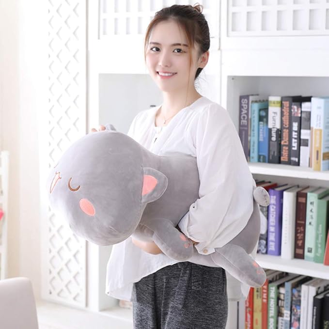 Cat Plush Hugging Pillow, Soft Kitten Plush Cat Stuffed Animals Toy Gifts for Kids (Grey Squint Eyes, 19.6")