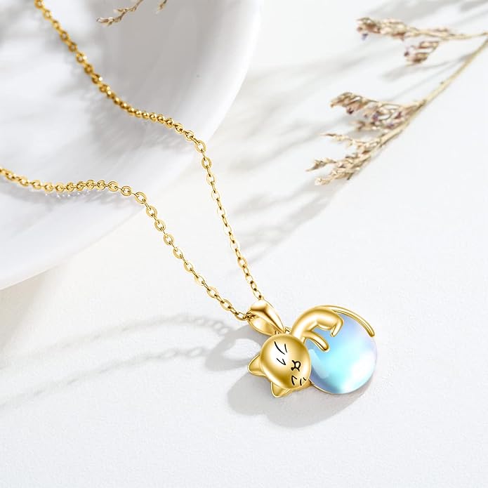 Cat Necklace Sterling Silver Cat Pendnat with Rose Quartz Pearl Jewelry Gifts for Women Cat Lovers