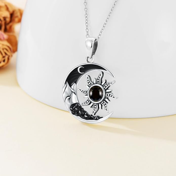 Gothic Jewelry Bat/Cat/Wolf/Dragon/Owl/Fox/Spider/Sun Pendant Sterling Silver Crescent Moon Necklace for Women Girls Black Jewelry Gifts