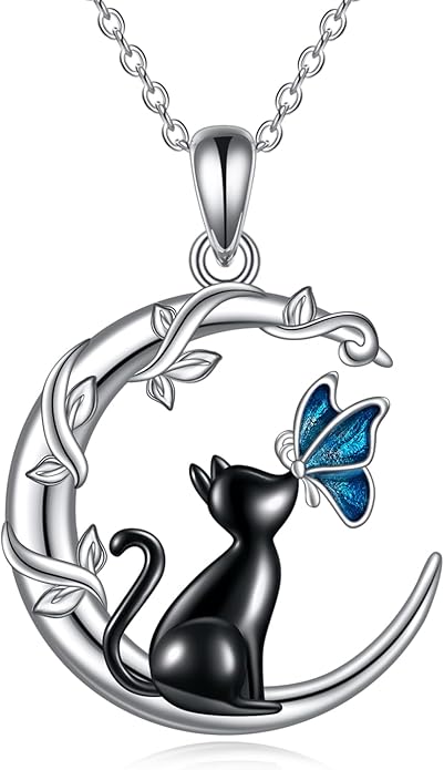 TIGER RIDER Moon Cat Necklace 925 Sterling Silver Blue Butterfly Black Jewelry Gifts Birthday Christmas Gifts for Women Wife Cat Lovers