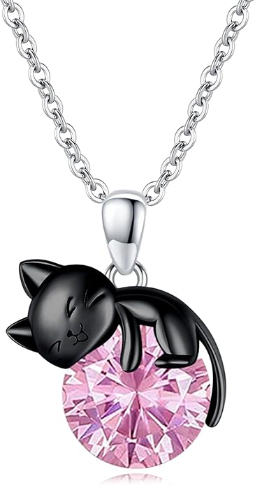 Cat Necklace Sterling Silver Cat Pendnat with Rose Quartz Pearl Jewelry Gifts for Women Cat Lovers