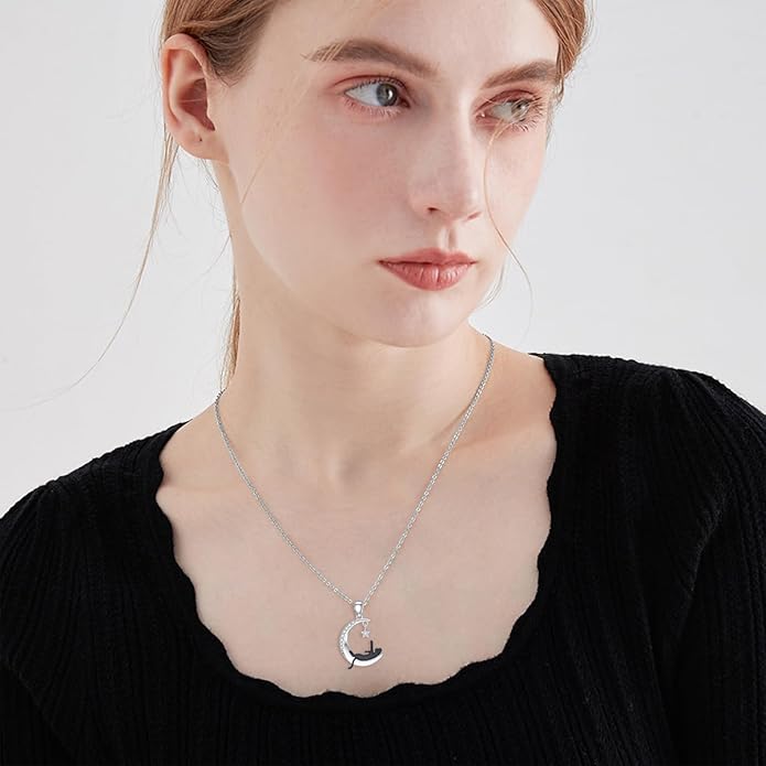Diamond Moon and Cat Necklace for Women 925 Sterling Silver Black Cat on the Moon Pendant with Lab Grown Diamonds Jewelry Gifts