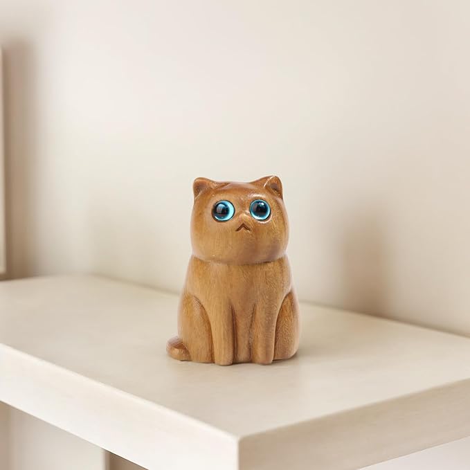 Cat Wooden Figurine,Handmade Wood Figurine Carved Cat Sculpture Home Decor Miniature pet Art Garden Statue Collectible,Desk Lovely Gift Home Decor Figurine Table Decoration Living Room Decoration