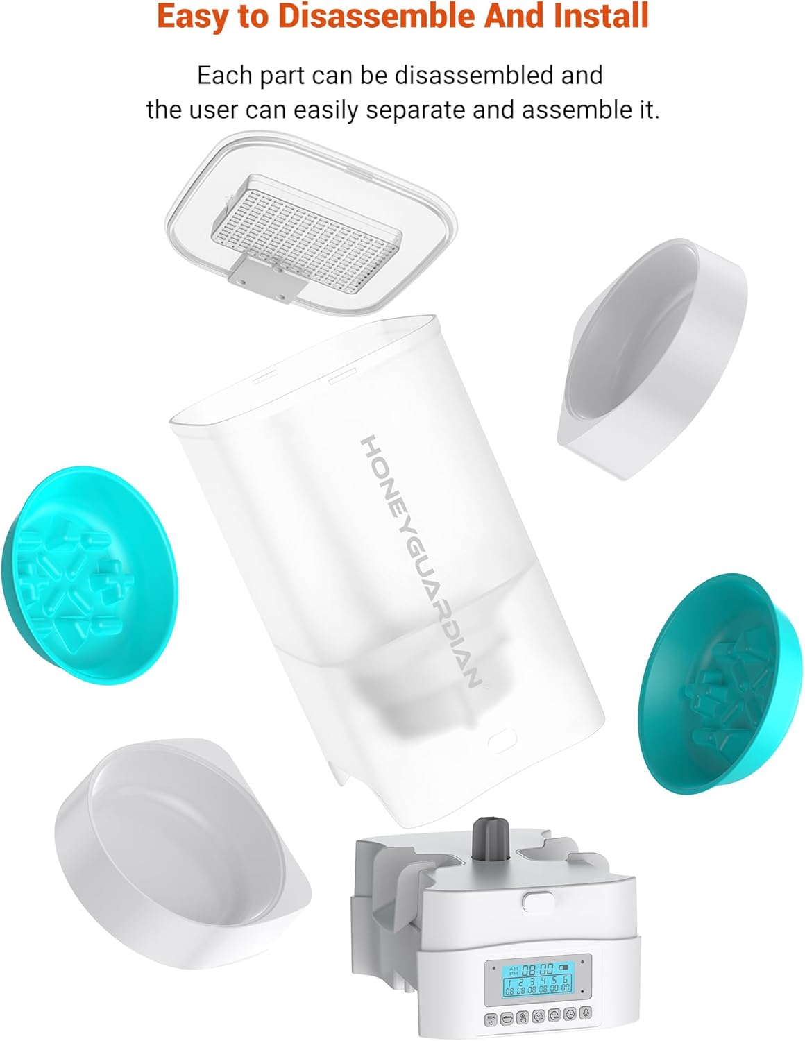 HoneyGuaridan Automatic Cat Feeder for Two Cats,5L Cat Food Dispenser with Slow Feeder Bowl,Timed Cat Feeder Programmable 1-6 Meals Control, Dual Power Supply,Desiccant Bag,10s Meal Call White