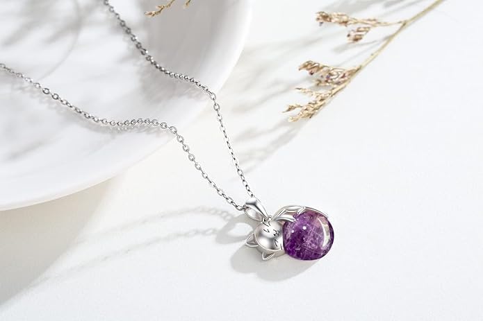 Natural Gemstone Cat Necklace for Women 925 Sterling Silver Cute Kitten Pendant with Genuine Turquoise/Rose Quartz/Amethyst/Larimar/Labradorite/Moss Agate/Blue Sandstone Jewelry Gifts