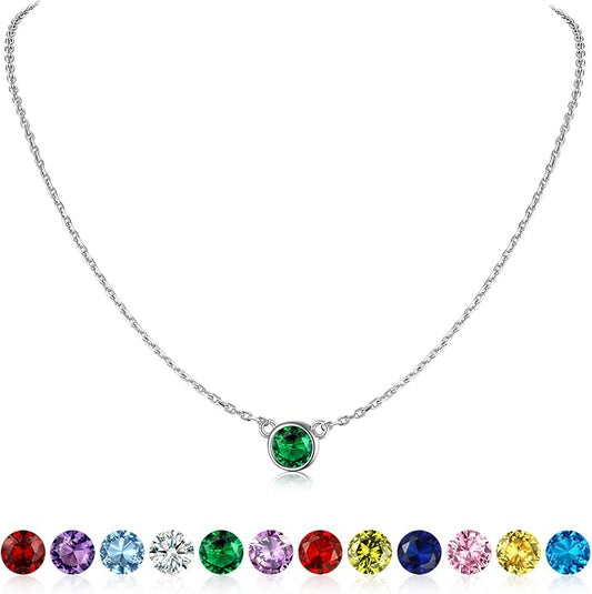 SILVERCUTE Sterling Silver Birthstone Necklace for Women,Dainty Silver Pendant Necklace with Round Cubic Zirconia,16"-18"