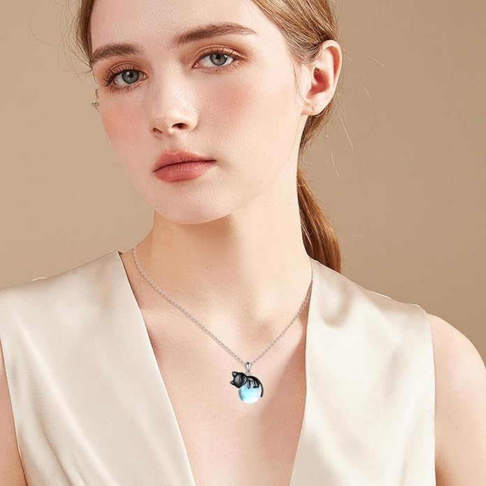 Cat Necklace Sterling Silver Cat Pendnat with Rose Quartz Pearl Jewelry Gifts for Women Cat Lovers