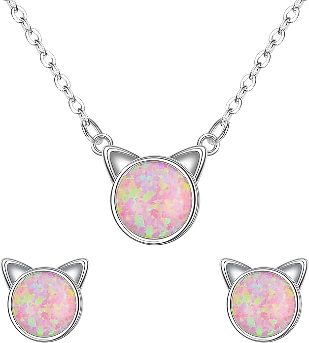 EVER FAITH 925 Sterling Silver Cute Cat Earrings Necklace Hypoallergenic Created Opal Lovely Animal Jewelry Set for Women