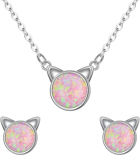 EVER FAITH 925 Sterling Silver Cute Cat Earrings Necklace Hypoallergenic Created Opal Lovely Animal Jewelry Set for Women