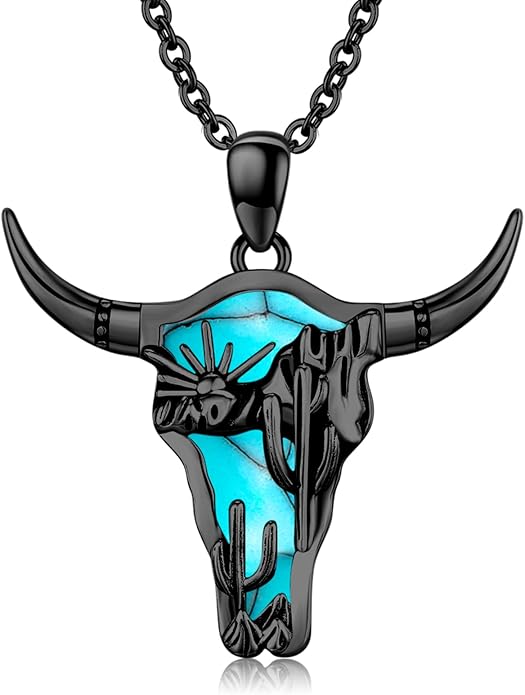 Midir&Etain Western Necklace 925 Sterling Silver Turquoise Pendant Cow Skull/Hat/Tag/Cactus Cowgirl Country Jewelry for Women Men