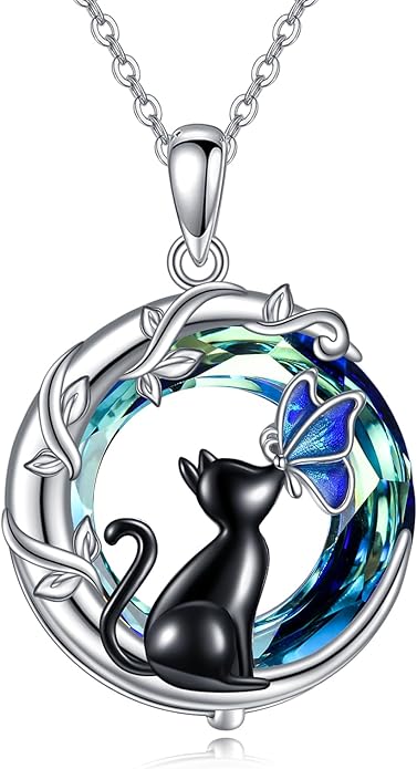 TIGER RIDER Moon Cat Necklace 925 Sterling Silver Blue Butterfly Black Jewelry Gifts Birthday Christmas Gifts for Women Wife Cat Lovers