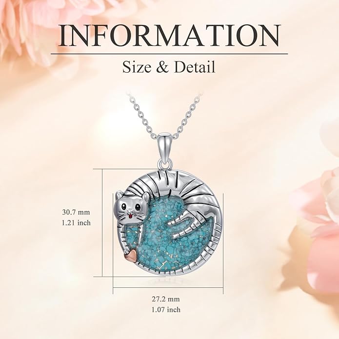 Cat Necklace for Women Turquoise Chip Cat Pendant Round Cat Necklace Jewelry Gifts for Mom Cat Lover