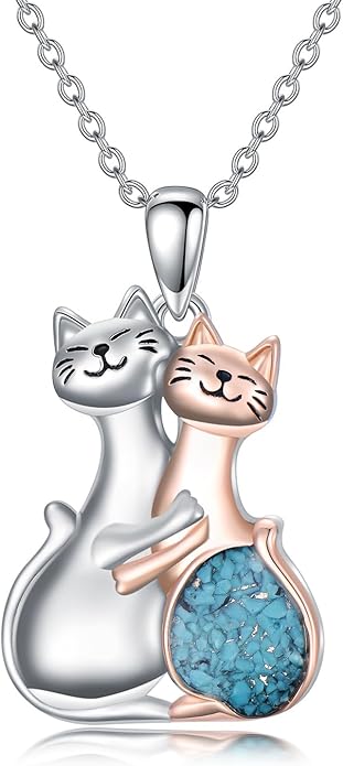 Couple Hug Necklace 925 Sterling Silver Cat/Fox Couples Hugging Turquoise Necklace Couples Jewelry as Valentine's Day Gift for Women