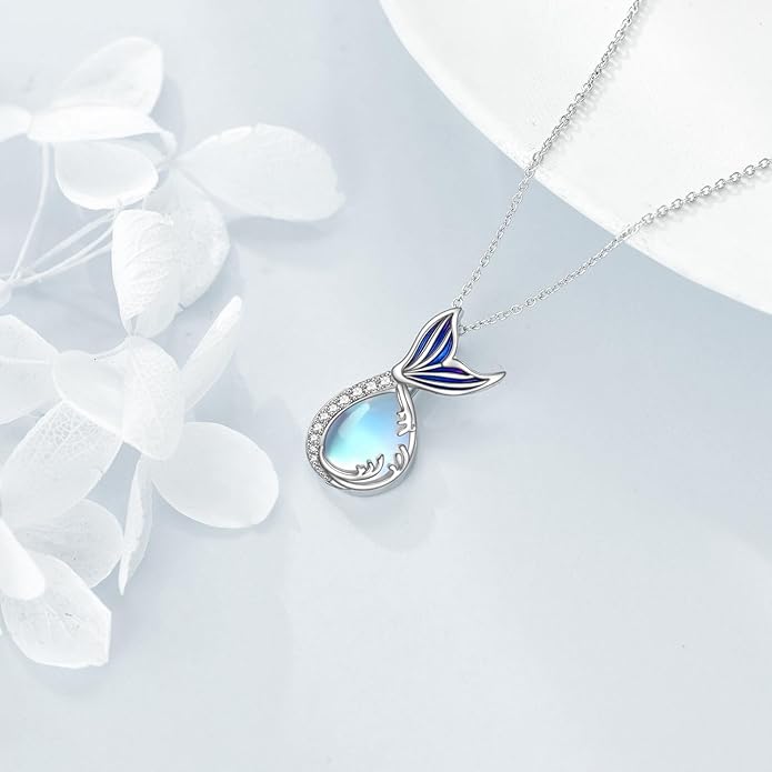 Teardrop Moss Agate/Turquoise/Moonstone/Larimar Mermaid/Fox/Cat Necklace Sterling Silver Pendant Necklace Jewelry Gifts for Women