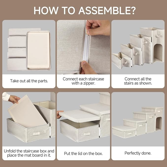 Dog Stairs with Storage, Folding Pet Steps with Zip for Small Dogs and Cats, 4-Step Pet Stairs with Pet House for High Bed, Couch and Car Ramp, Up to 200 Lbs (Beige, 4 Steps with Condo)