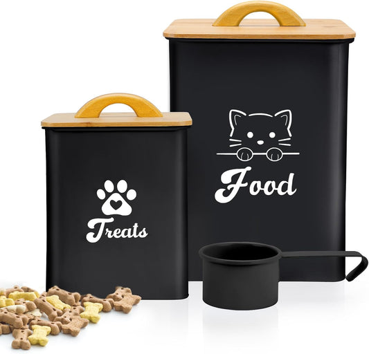Cat Food Storage Container with Scoop, 2PCS Cat Food Storage Container with Lids Airtight, Cat Treat Jars for Kitchen Counter-7+3Lbs, Cat Cookie Jar for Storage, Black