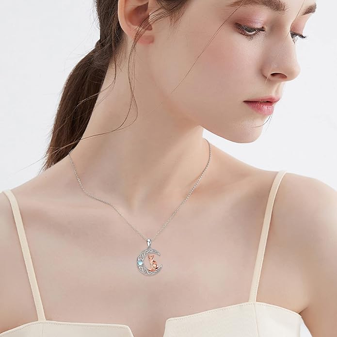 925 Sterling Silver Celtic Crescent Moon Animal Necklace for Women Fox/Black Cat/Hummingbird Crystal/Abalone Shell Pendant Jewelry Gift for Mom Daughter
