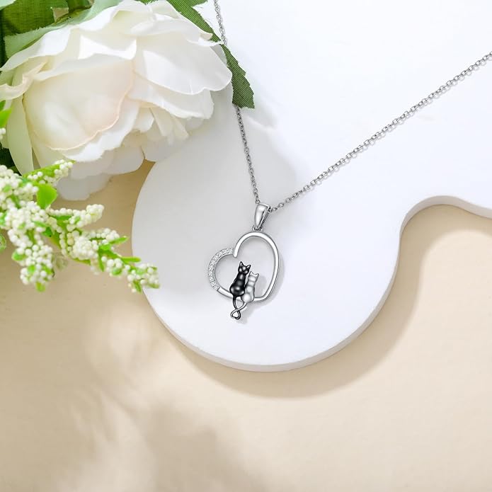 Diamond Black Cat Necklace for Women 925 Sterling Silver Cat on Moon Necklace Pendant Black Cat Jewelry Gifts for Women Mom Wife Girlfriend Daughter Girls