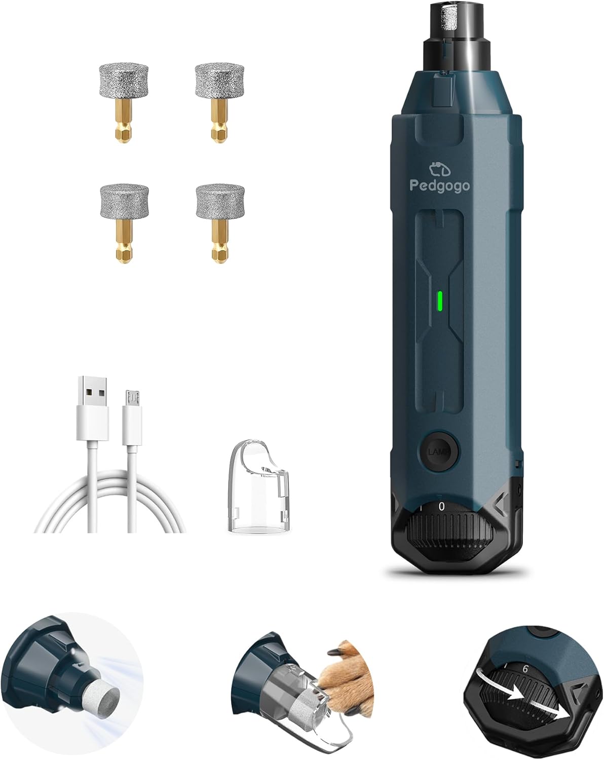 Dog Nail Grinder Super Quiet (45 db) 6-Speed Pet Nail Grinder with 2 LED Lights 12000RPM & 3 Grinding Ports 4 Extra Grinding Heads with Dust Cap Dog Nail Trimmer for Large Medium Small Dogs