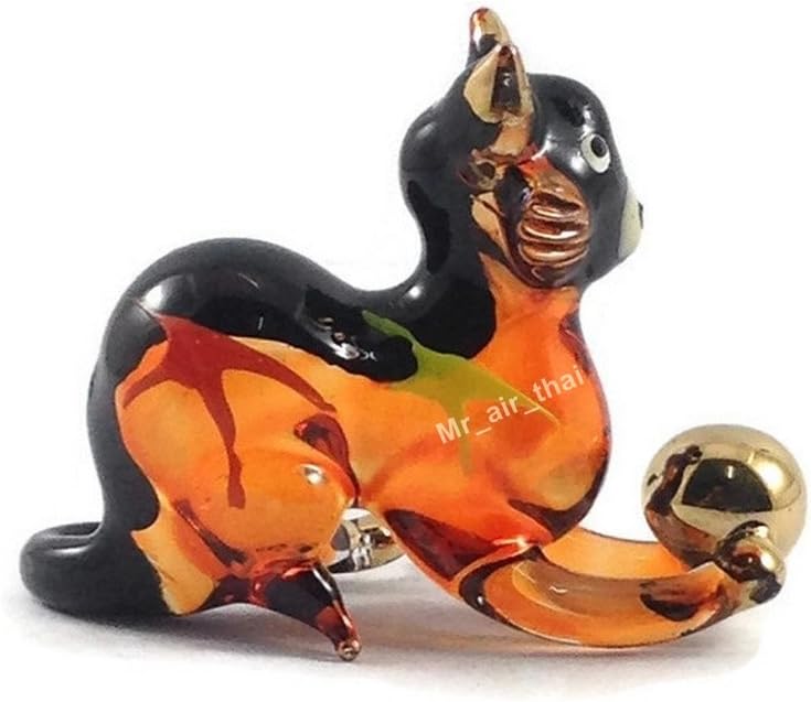 Tiny 2¼" Black Brown Crouching Play Ball Cat Figurine Miniature Hand Blown Painted Glass Cats Kitten Feline Animals Cute Crystal Decorative Collectible Figurines Décor Gifts