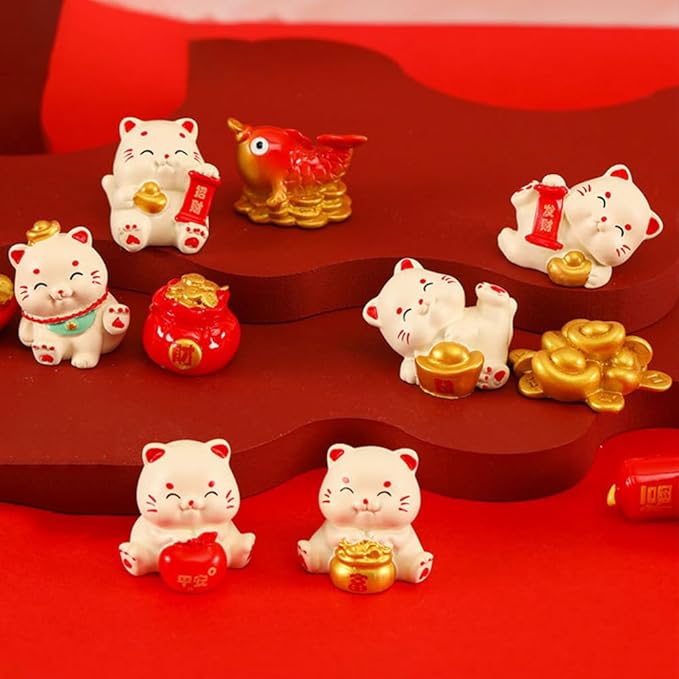 LOGOFUN 30pcs Miniature Lucky Cat Figurines Mini Fortunate Figure Small Resin Cat Animal Statues for 2025 Chinese New Year Home Office Tabletop Decorations