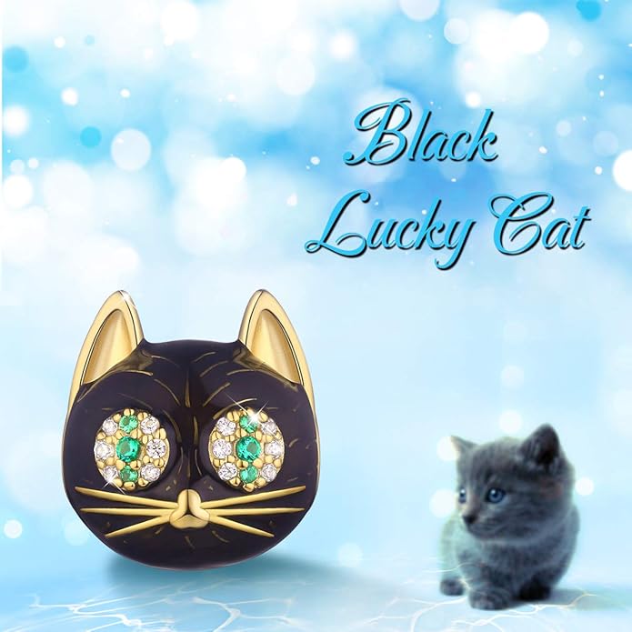 FOREVER QUEEN Black Cat Charm in 925 Sterling Silver with Black Enamel& 5A Zircon for Pandora Bracelet Necklace, Animal Head Bead Charm- Your Lucky Cat Women Men Girls Boys Gifts