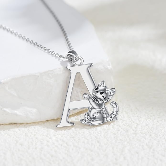 LONAGO Cat Initial Pendant Necklace Silver A to Z Letters Alphabet Necklace Gift for Women