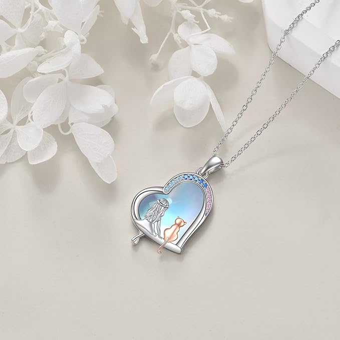 LUHE Cat Gifts Necklace for Cat lovers Women Sterling Silver Moonstone Cats Heart Pendant Necklace Jewelry Christmas Gifts