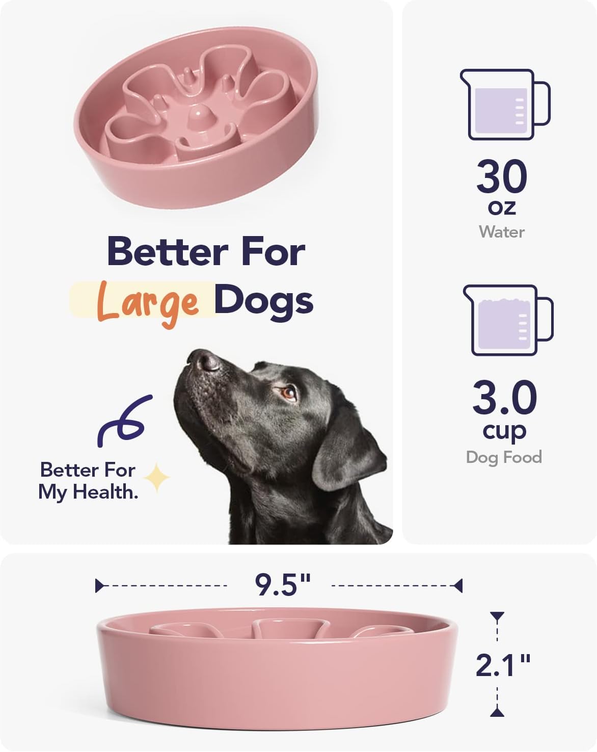 LE TAUCI Slow Feeder Dog Bowls Ceramic,3 Cups Slow Feeding Dog Bowl Medium Large Breed, Pet Bowl for Fast Eaters, Puzzle Pet Dishes, Pink Bloom