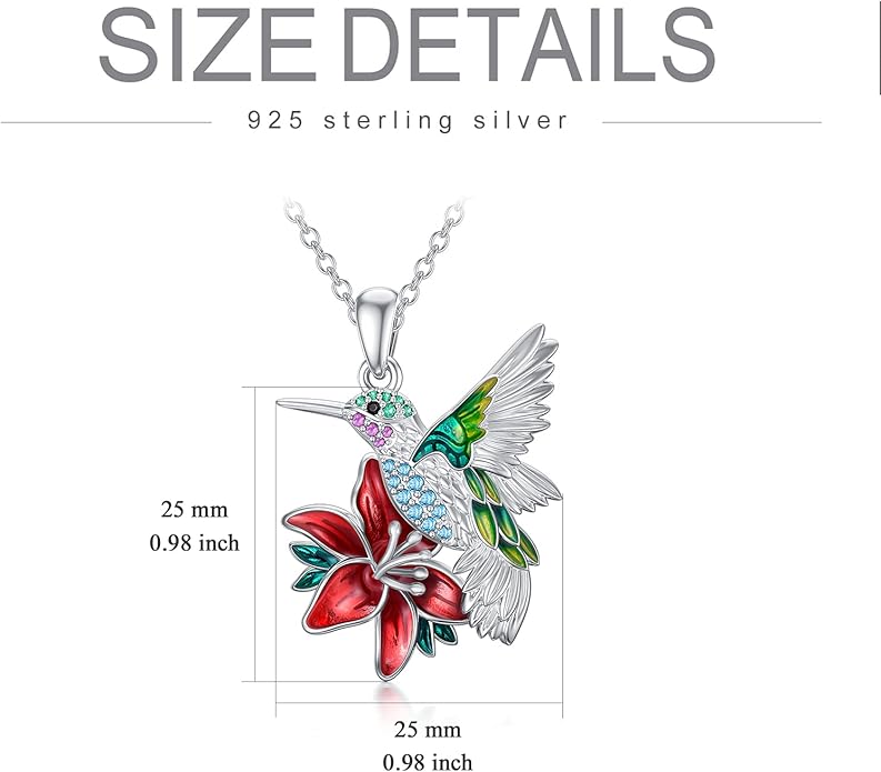 PEIMKO Hummingbird Necklace Enamel Hummingbird Pendant Necklace Sterling Silver Cute Aniamal Bird Necklace with Flower Bird Pendant for Women