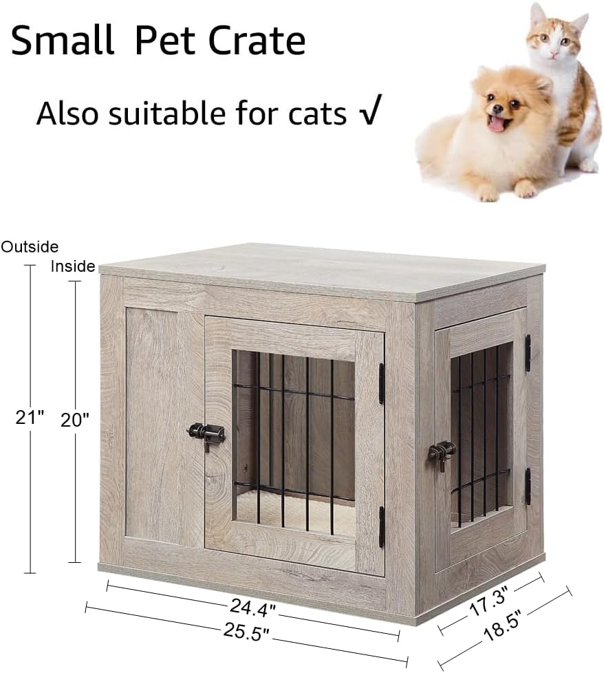 unipaws 25.5 Inch Furniture Style Dog Crate for Small Dogs, Cats, Min Pigs, Rabbit, Indoor Aesthetic Puppy Kennel, Modern Decorative Wood Wire Pet House Cage, Pretty Cute End Side Table, Grey