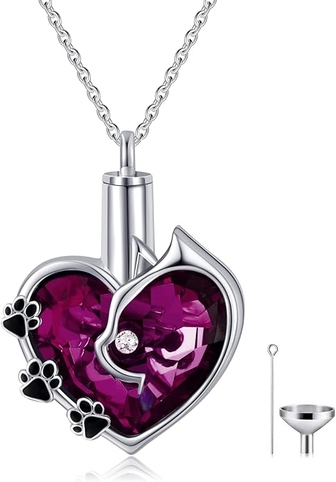 Cat Urn Necklace for Ashes 925 Sterling Silver Cremation Keepsake Memorial Jewelry for Ashes with Blue/Deep Purple Heart Crystal from Austria Keepsakes Memorial Necklaces Meaningful Gifts