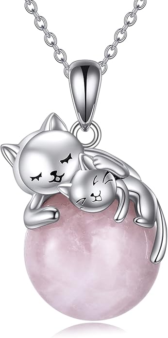 Cat Necklace Sterling Silver Cat Pendnat with Rose Quartz Pearl Jewelry Gifts for Women Cat Lovers